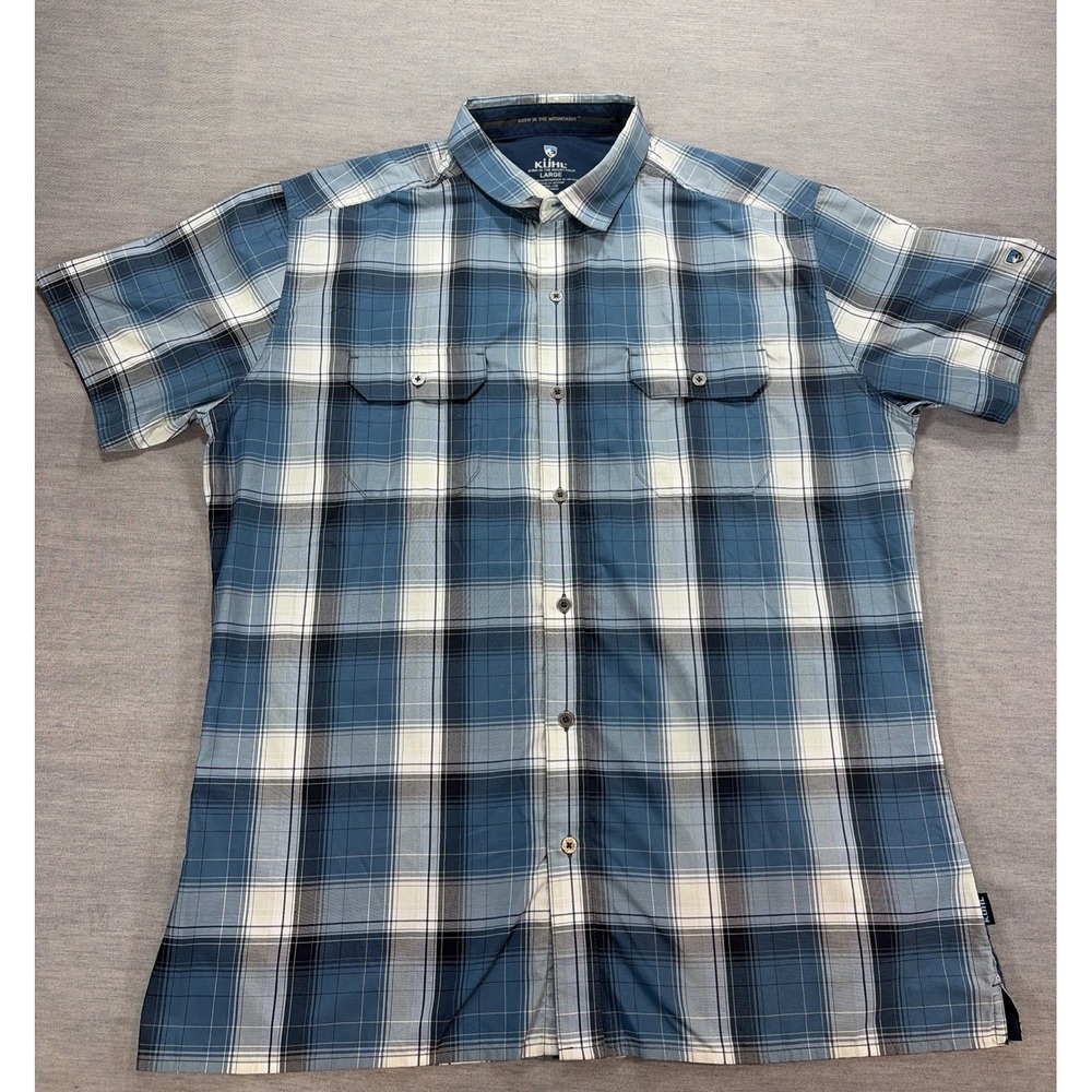 Kuhl Stealth Mens Large Blue Plaid Short Sleeve Button Down Shirt Hiking